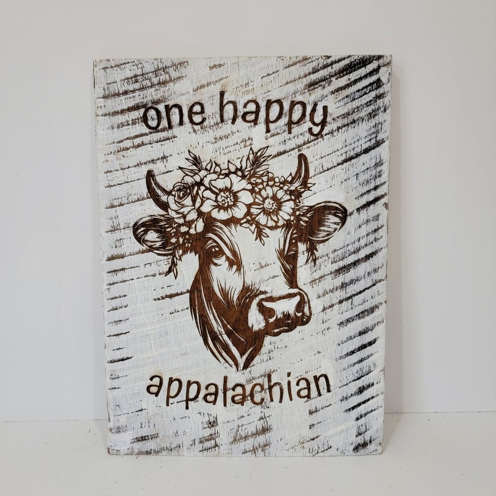 One Happy Appalachian Cow Floral Crown Rustic Distressed Wood Wall Art Sign